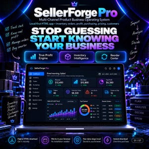 May include: A laptop displaying the SellerForge Pro dashboard with business analytics, revenue, and order data. The screen shows charts, a sales trend graph, and a top channel pie chart. A black mug with text sits to the left of the laptop.