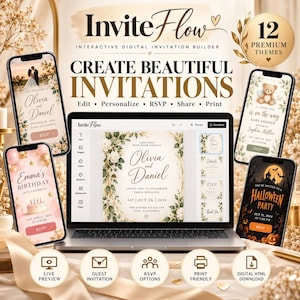 Op de afbeelding: InviteFlow interactieve digitale uitnodigingssoftware weergegeven op een laptopscherm, omringd door vier smartphones met verschillende uitnodigingssjablonen voor bruiloften, verjaardagen, babyborrels en Halloweenfeesten.