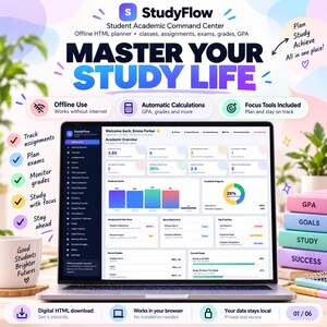 Offline HTML Student Planner, GPA Calculator, Assignment Tracker (Digital Download)