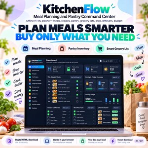 KitchenFlow Meal Planner: Interactive HTML App, Offline Dashboard, Grocery Budget Tracker