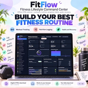Op de afbeelding: Een laptop met het FitFlow Fitness Lifestyle Command Center dashboard voor training, voeding en gewoontes. Het scherm toont fitnessgegevens, een halter van 5kg, een drinkfles en een notitieblok.