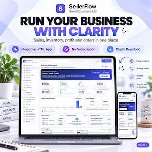 以下が含まれることがあります： ノートパソコンとスマートフォンの画面に表示されたSellerFlow Small Business OSというタイトルのデジタルダッシュボードインターフェース。ソフトウェアには、売上、在庫、利益、注文のセクションが含まれており、Run Your Business With Clarityというテキストが表示されています。