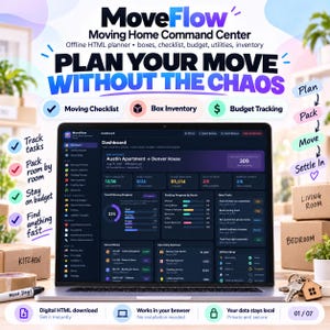 May include: A laptop displaying the MoveFlow Moving Home Command Center dashboard, an offline HTML planner for tracking moving checklists, box inventory, and budgets. The screen shows progress bars, task lists, and utility status for a move.