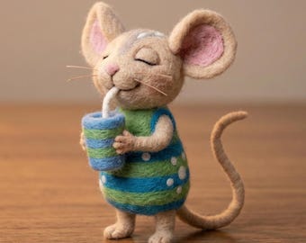 Figura de ratón hecha a mano con fieltro de aguja, decoración de escritorio con forma de animal de lana, adorno de compañero del bosque.