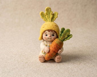 Conjunto de muñecas hechas a mano con fieltro de aguja, figura de niña con zanahoria y sombrero de girasol (de 5 a 10 cm).