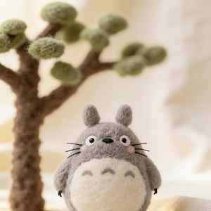 Puede incluir: Una figura de Totoro hecha a mano en fieltro gris con vientre blanco, bigotes negros y orejas peque&ntilde;as. Un &aacute;rbol de fieltro en miniatura con follaje verde se encuentra detr&aacute;s del personaje. El fondo es de un color suave y neutro.
