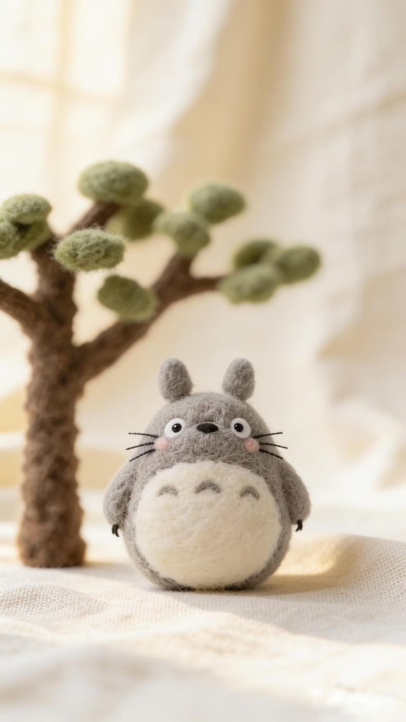 Puede incluir: Una figura de Totoro hecha a mano en fieltro gris con vientre blanco, bigotes negros y orejas peque&ntilde;as. Un &aacute;rbol de fieltro en miniatura con follaje verde se encuentra detr&aacute;s del personaje. El fondo es de un color suave y neutro.