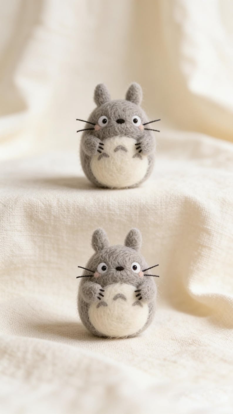Puede incluir: Dos figuras de Totoro de fieltro gris con vientres blancos y bigotes negros. Las figuras tienen orejas peque&ntilde;as y est&aacute;n colocadas sobre una tela color crema. Las figuras est&aacute;n hechas a mano y probablemente forman parte de una colecci&oacute;n o exhibici&oacute;n.