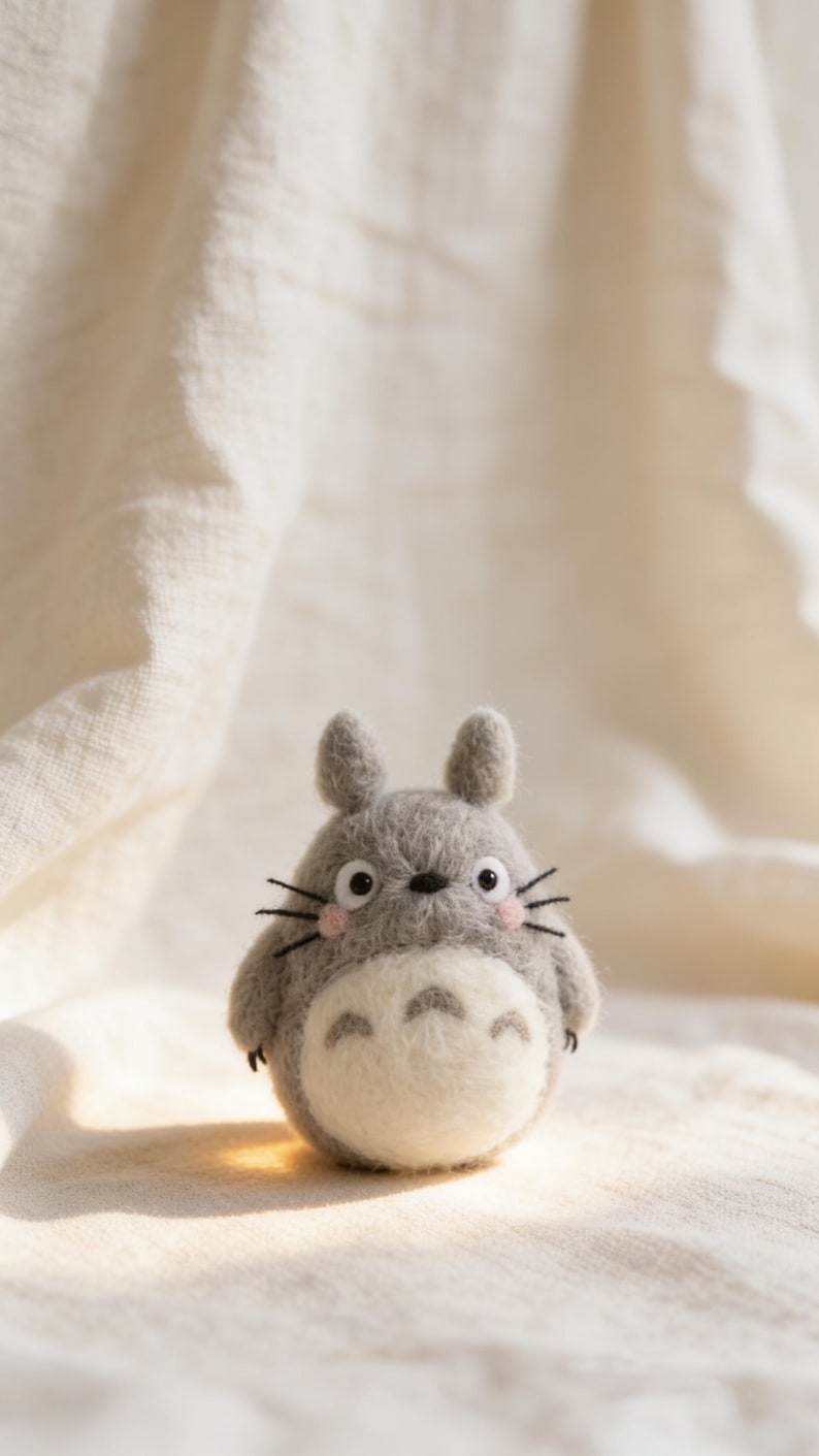 Puede incluir: Una figura gris de Totoro con vientre blanco y mejillas rosas. La figura tiene orejas peque&ntilde;as, bigotes negros y ojos grandes y redondos. Est&aacute; sobre una superficie blanca y texturizada.