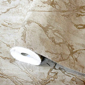 May include: A roll of wallpaper featuring a textured beige surface with a raised, glossy brown pattern resembling organic, branching veins or marble-like streaks. The material has a distinct tactile quality with a matte base and shiny lines.