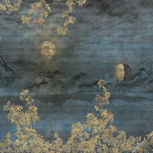 May include: An artistic depiction of a night sky with a full moon and a crescent moon, golden leaves, and mountain outlines on a blue backdrop. The artwork has a vintage aesthetic.
