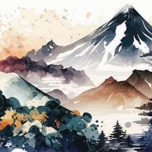 May include: A watercolour painting depicting a mountain landscape. The image shows a snow-covered peak, rolling hills, and trees in shades of blue, brown, and orange. The style is reminiscent of Japanese art, with a focus on natural elements.