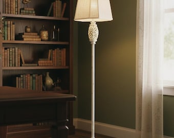 Rustic Floor Lamp with Floral Cutout, Vintage Farmhouse Standing Lamp, Cream White Resin Tall Lamp for Living Room Bedroom Light