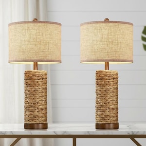 Natural Rattan Table Lamps Set of 2, Hand-Woven Rustic Coastal  Bedroom Decor