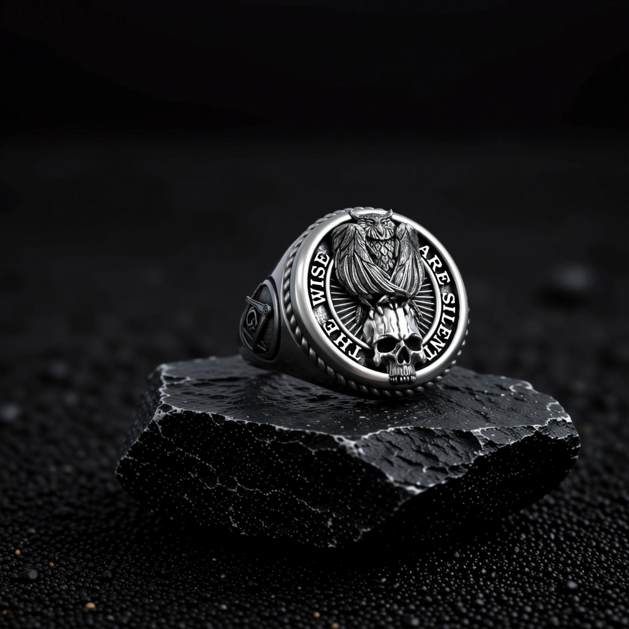 Owl Skull Ring: Silver Masonic Compass, Gothic Statement