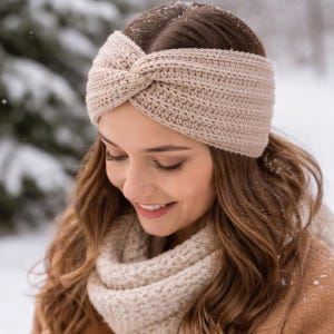 May include: A beige crocheted headband with a twisted knot design. The headband is worn by a person with long brown hair, and is paired with a matching scarf. The background is a snowy outdoor scene.