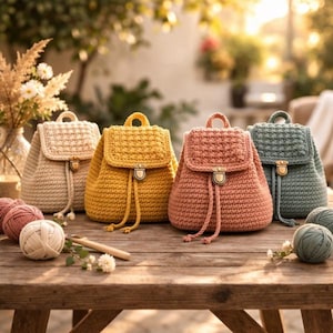 Puede incluir: Cuatro mochilas de ganchillo hechas a mano en beige, amarillo, coral y verde azulado sobre una mesa de madera. Cada bolso tiene cierre de solapa, cordón y cierre metálico. Ovillos de lana y flores están dispuestos alrededor de los bolsos.