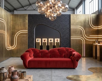 Cloud Shaped Velvet Sofa, Luxury 3-Seater Tufted Couch, Modern Designer Statement Furniture, Avant-Garde Living Room