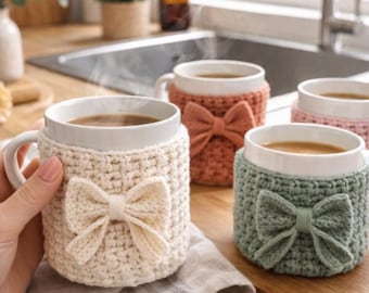 Crochet Mug Cozy Pattern, Textured Bow Cup Sleeve Tutorial (PDF)