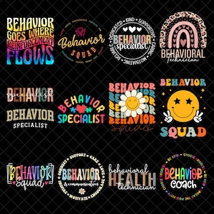Può includere: Raccolta di grafiche colorate con testo relativo al comportamento, tra cui "Behavior Squad", "Behavior Specialist" e "Behavioral Technician". I disegni presentano arcobaleni, faccine sorridenti ed elementi floreali.