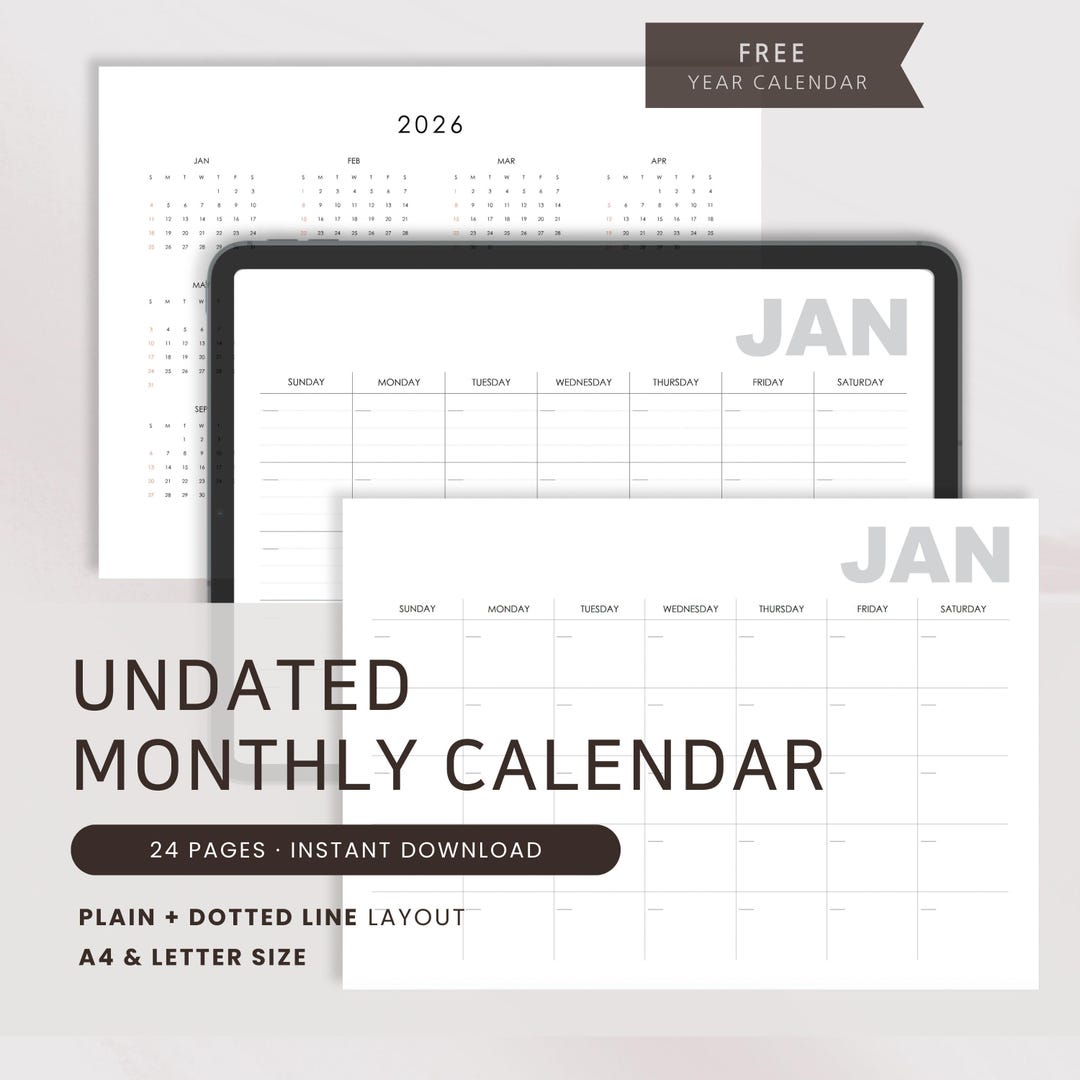 Undated Monthly Calendar Printable, Minimal Landscape Planner PDF ...