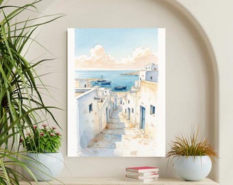 Essaouira Morocco Watercolor Print – Coastal Medina Seascape Wall Art (Digital Download)