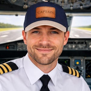 May include: A navy blue baseball cap with a tan brim and a brown leather patch that reads "CAPTAIN" in white letters. The cap is worn by a person in a pilot's uniform.