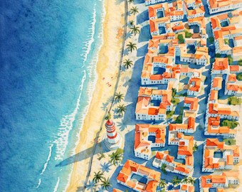 Casablanca Watercolor Beach Print (Digital Download) – Coastal Town View