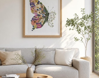 Pressed Flower Butterfly Art, Real Dried Botanical Wall Decor, Oak Frame Keepsake
