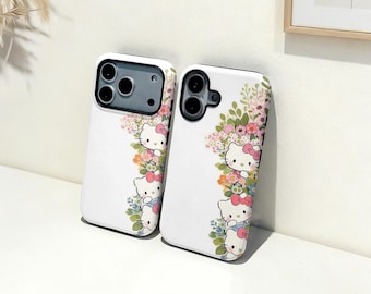 Bloem Hello Kitty iPhone-hoesje, aangepaste naam telefoonhoes, iPhone 17 16 15 14 13 12 11 Pro Max Plus Mini, iPhone X XR XS SE trendy stoer hoesje