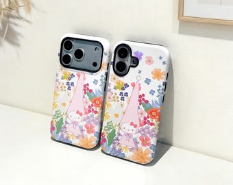 Flower Kitty iPhone-hoesje, aangepaste naam telefoonhoes, iPhone 17 16 15 14 13 12 11 Pro Max Plus Mini, iPhone X XR XS SE trendy stoer hoesje