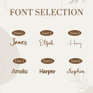 Puede incluir: Imagen que muestra opciones de fuentes. El texto "FONT SELECTION" est&aacute; en marr&oacute;n. Se muestran seis ejemplos de fuentes con nombres como James, Elijah y Sophia, cada uno en un estilo diferente, sobre un fondo neutro.