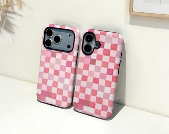 Roze dambord iPhone-hoesje, aangepaste naam telefoonhoes, iPhone 17 16 15 14 13 12 11 Pro Max Plus Mini, iPhone X XR XS SE trendy stoer hoesje