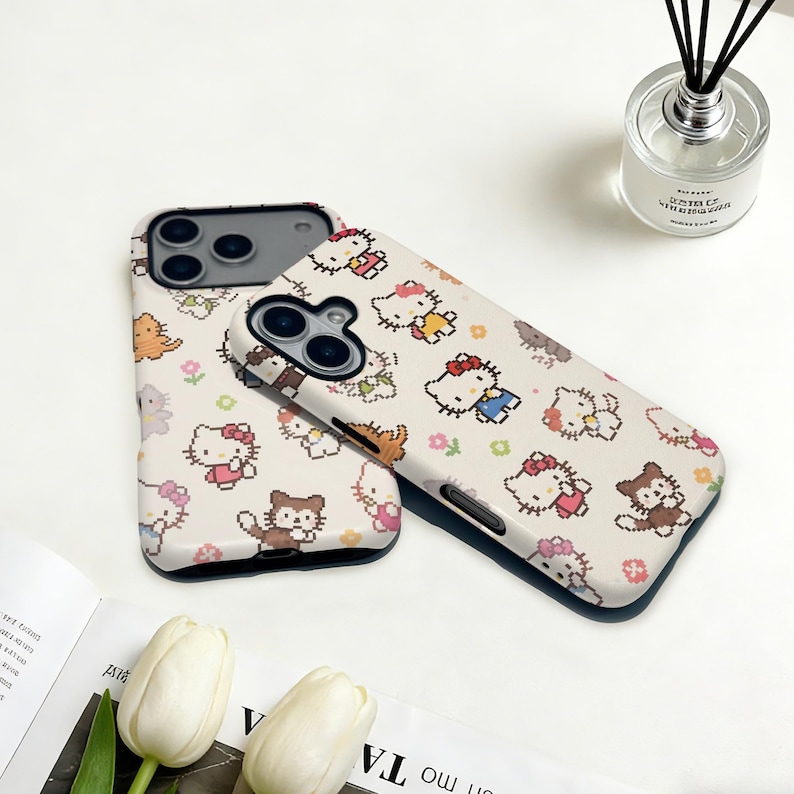May include: Two phone cases with a repeating pattern of cartoon characters in various outfits and poses on a cream background. The cases have a black border and are designed for a smartphone.