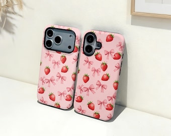 Strawberry and Bow iPhone-hoesje, aangepaste naam telefoonhoes, iPhone 17 16 15 14 13 12 11 Pro Max Plus Mini, iPhone X XR XS SE trendy stoer hoesje