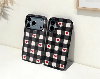 ハートチェッカーボードiPhoneケース、カスタムネーム入りスマホカバー、iPhone 17 16 15 14 13 12 11 Pro Max Plus Mini、iPhone X XR XS SE トレンディタフケース