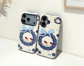 ブルーベリーキティiPhoneケース、カスタムネーム入りスマホカバー、iPhone 17 16 15 14 13 12 11 Pro Max Plus Mini、iPhone X XR XS SE トレンディタフケース