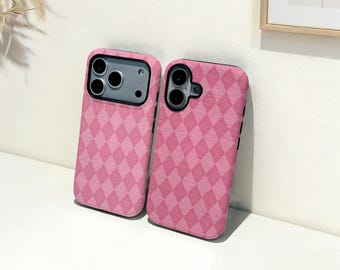 Roze retro geruite iPhone-hoes, aangepaste naam telefoonhoes, iPhone 17 16 15 14 13 12 11 Pro Max Plus Mini, iPhone X XR XS SE trendy stoer hoesje