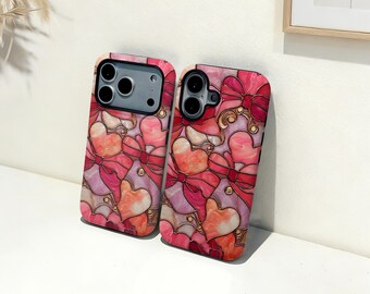 ハートボウガラスiPhoneケース、カスタムネーム入りスマホカバー、iPhone 17 16 15 14 13 12 11 Pro Max Plus Mini、iPhone X XR XS SE トレンディタフケース