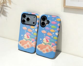Kitty Riding a Fish iPhone-hoesje, aangepaste naam telefoonhoes, iPhone 17 16 15 14 13 12 11 Pro Max Plus Mini, iPhone X XR XS SE trendy stoer hoesje
