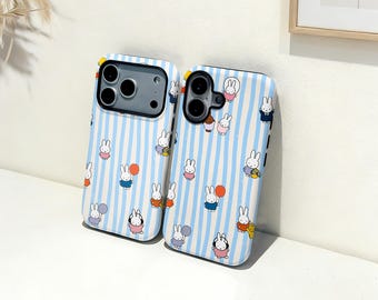 Funda para iPhone con diseño de Miffy a rayas, con nombre personalizado, para iPhone 17, 16, 15, 14, 13, 12, 11 Pro Max Plus Mini y iPhone X, XR, XS SE.