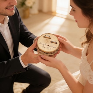 以下が含まれることがあります： スーツ姿の男性と白いドレスを着た女性が、中に2つの指輪が入った木のリングボックスを持っています。 丸い箱は木の輪切りで作られており、「Jennifer」と「Daniel」の名前、ハートのシンボル、日付「24.10.2024」が刻まれています。