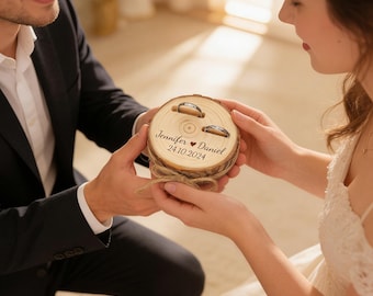 Gepersonaliseerde ringdoos met houten schijf | Rustieke trouwringhouder