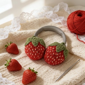 Pode incluir: Fones de ouvido cinzentos com protetores de ouvido de morango de crochê, vermelhos com folhas verdes e detalhes de sementes brancas. Morangos frescos, uma bola de lã vermelha e uma agulha de crochê estão dispostos em uma superfície de malha creme.