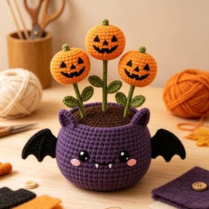 Vaso de flores em forma de abóbora com morcego de crochê, amigurumi de abóbora de Halloween, decoração rústica assustadora para o outono.