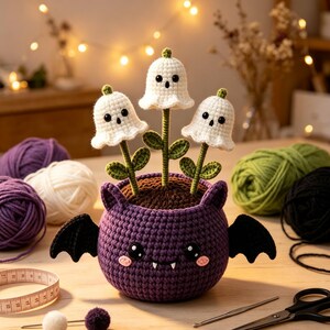 Crochet Ghost Flower Bat Pot, Halloween Spooky Cute Plant, Handmade Gothic Fall Table Decor