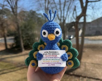 Gehaakte kleine pauw pluche met bevestigingskaart - zelfzorg kleine herinneringen knuffeldier cadeau