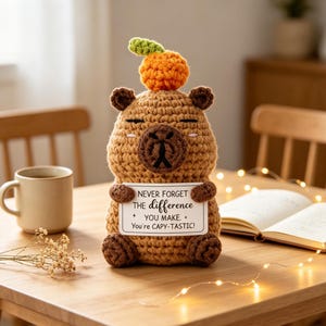 May include: A brown crocheted capybara plush toy with a small orange fruit on its head. The capybara holds a white rectangular sign that reads: NEVER FORGET THE difference YOU MAKE. You're CAPY-TASTIC! The toy has dark brown ears and feet.