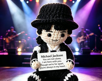 2026 Gepersonaliseerde Michael Jackson-inspiratie gehaakte pop, emotionele steun MJ pluche, handgemaakte amigurumi King of Pop geïnspireerd cadeau voor fans