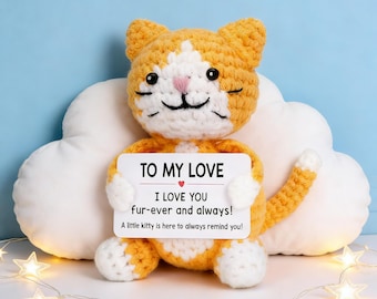 Gehaakte geelwitte kattenpluche | Knuffelkaart met emotionele steun